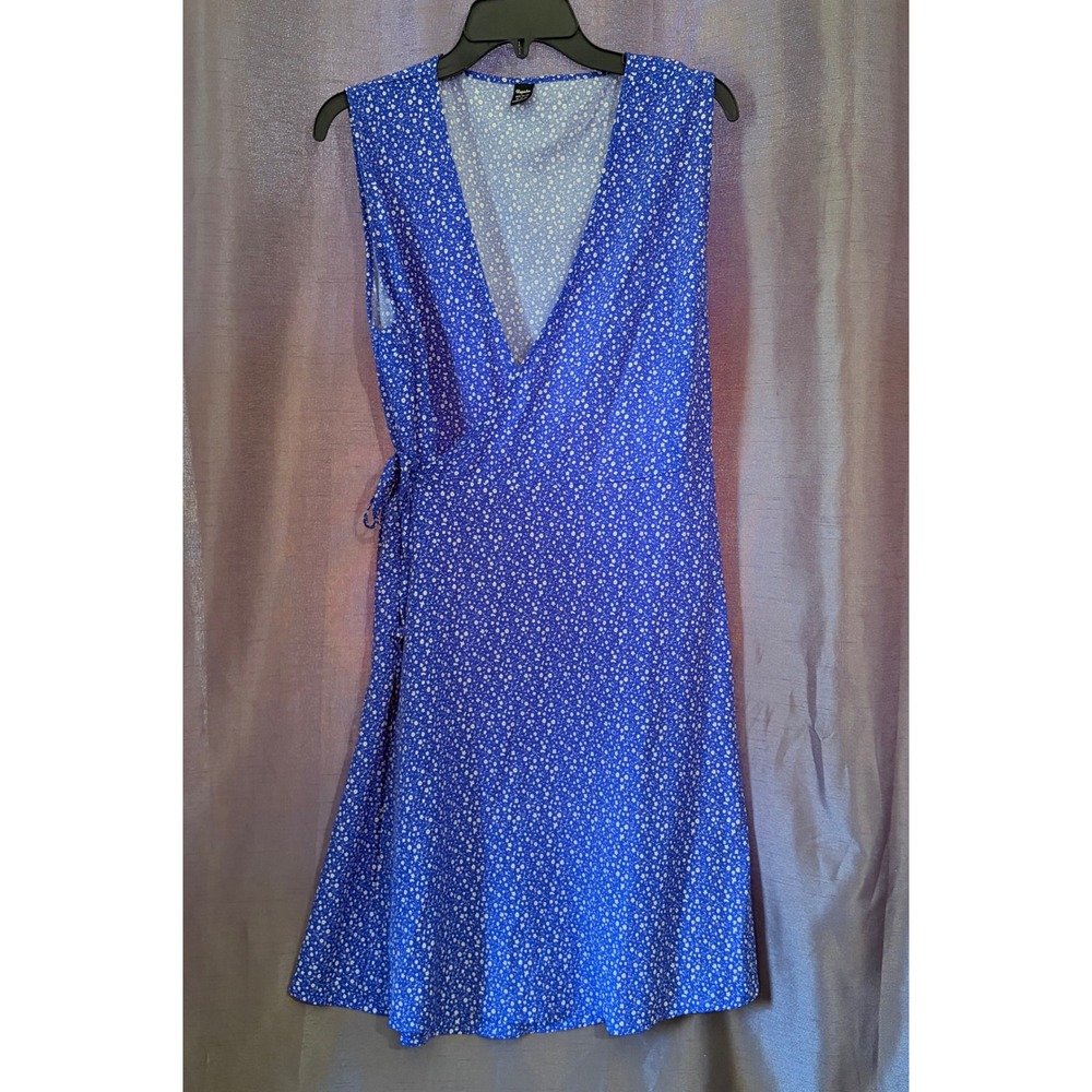 Hapsho Blue Ditsy Floral Sleeveless Wrap Dress XL Summer Cottage Fairy Garden